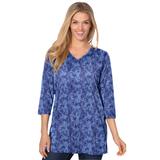 Plus Size Women's Perfect Printed Three-Quarter-Sleeve V-Neck Tunic by Woman Within in French Blue Paisley (Size 30/32)