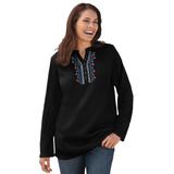 Plus Size Women's Embroidered Thermal Henley Tee by Woman Within in Black Vine Embroidery (Size 4X) Long Underwear Top