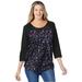 Plus Size Women's Three-Quarter Sleeve Baseball Tee by Woman Within in Black Raspberry Graphic Bloom (Size 2X) Shirt