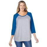 Plus Size Women's Three-Quarter Sleeve Baseball Tee by Woman Within in Heather Grey Bright Cobalt (Size 2X) Shirt