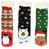 Winter-Weight Thermal Fleece-Lined Cozy Christmas Holiday Sherpa Lined Slipper Socks, 3 Pair Pack