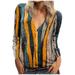 Womens V-neck Zipper Colour Stripe Printing Long Sleeves Graphic T Shirts