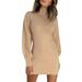 Ladies Autumn/winter Casual Solid Color Mid-high Collar Waist Long Sleeve Plush Slim Dress, Khaki, ,Lace Up Waist Fashion Dress, High Waist Line