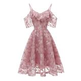 Phoebecat Cocktail Dress for Women, Women's V Neck Vintage Dresses for Ladies, Pink Summer Lace Straps A-Line Romantic Evening Party Formal Wedding Midi Dress for Juniors, S-2XL