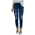 Spftem Women Mid Waisted Skinny Hole Denim Jeans Stretch Slim Pants Calf Length Jeans