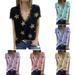 Women's V Neck Short Sleeve Lace Neck T-shirt, Summer Star Blouses Vintage Elegant Tunic Shirt Tops, Black, L