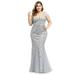 Ever-Pretty Women's Double V-Neck Sleeveless Bodycon Sheath Dress Evening Dress Plus Size 78862 Sliver US20