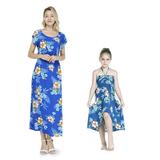 Matching Hawaiian Luau Mother Daughter Cap Sleeve Maxi Dress in Hibiscus Blue