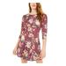 BEBOP Womens Purple Floral Long Sleeve Crew Neck Short Fit + Flare Dress Size XS