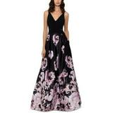 Macys XSCAPE Womens Worn Once Navy Pleated Floral Print Gown Sz 2