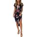 Womens V-Neck Casual Work Geometric Pattern Midi Floral Print Belted Pencil Dress