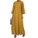 Womens 3/4 Sleeve Plaid Check Casual Party Kaftan Long Maxi Dress