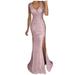 LIDYCE Women Sequin Prom Ball Gown Gold Bridesmaid V Neck Long Dress