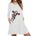 Womens Ladies Long Sleeve Print V-Neck Casual Loose Swing Crew Neck Short Dress