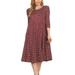 Women's Casual Loose Fit Scoop Neck 3/4 Sleeve Polka Dot Patterned A-Line Midi Dress Made in USA