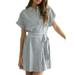 Womens Summer Stripe Short Sleeve Button Work Office Casual Shirt Dress