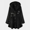 Women Printed Button Plush Tops Hooded Loose Cardigan Wool Coat Winter Jacket