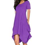 Avamo Summer Short Sleeve Dress for Women Solid Color Irregular Hem Pleated Dress Ladies Beach Party Midi Dress with Pockets Purple 3XL(US 18-20)