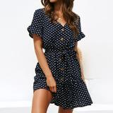 Women's Chiffon Polka Dot Ruffles Short Sleeve A-Line Party Mini Dress