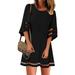 Women Casual Crewneck Mesh Panel 3/4 Bell Sleeve Loose Tunic Dress