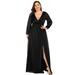 Ever-Pretty Women's Long Sleeve Deep V-Neck High Slit plus size Summer Party Gowns 07392 Black US20