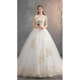 New Wedding Dress Off The Shoulder Half Sleeve Wedding Gown Lace Applique Color: off white floor, US Size: 10