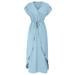 Grace Karin Women Surplice V-Neck Maxi Dress Short Sleeve Drawstring Waist A-Line Dress(Light Blue,L)