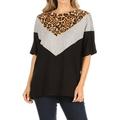Women's Casual Boxy Loose Fit Color Block Short Sleeve Pull On T-Shirts Top S-3XL Animal Brown 1XL