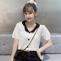 ZEROFEEL Ladies Peter pan Collar Puff Sleeve Short Blouses Sweet Cute Style Simple Casual Short Sleeve Blouses Tops