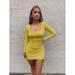 Women's Long Sleeve Ribbed Bodycon Mini Dress Sexy Square Neck Ruched Side Drawstring Solid Color Stretch Party Clubwear