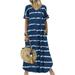 Avamo S-5XL Women Summer Beach Pockets Dress Striped Printed Cover Up Casual Vacation Long Maxi Dresses Navy Green S(US 4-6)