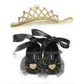 Infant Baby Girl Princess Sequins Heart Bowknot Shoes and Glitter Crown Headband 2pcs Set (Black, 5/12-18 Months)