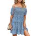 Women Retro Floral Dress Casual Loose High Waist Ruffle Dress Pleated Short Sleeve Smocked Dress