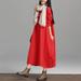 Ethnic Women Dress Solid Cotton Pocket Round Neck 3/4 Sleeve Loose Baggy Vintage Maxi Gown Robe One-Piece