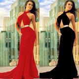 Fashion Women's Bandage Dress Cross Halter Neck Sleeveless Long Gown Mermaid Bodycon Evening Maxi Dress Red Black
