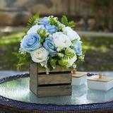 Primrue 18 Heads Mixed Rose Flower Arrangement w/ Wood Planter Polyester in Blue | 9 H x 8 W x 8 D in | Wayfair 01BB7603453E4A11B13101DD743BE73E