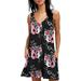 Women Summer Casual T Shirt Dresses Beach Cover up Plain Pleated Tank Dress Sleeveless V Neck Floral Print Sundress Ladies Loose Pockets Mini Dress Rose Black L(12-14)