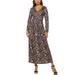 Women's Boho Sundress Casual Maxi Dress Deep V Neck Wrap Pleated Long Sleeve Plain Floral Leopard Printed Swing Dress With Pockets
