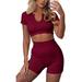 Women's 2 Piece Workout Shorts Set Sexy Summer Outfits Short Sleeve Crop Top Bodycon Shorts Athletic Yoga Tracksuit