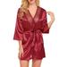 ZAXARRA Women V-neck Sleeping Coat with Belt Short Dress Silk Night-robe