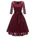 Suzicca Vintage Women 1950s Crochet Lace Pleated Dress V Neck 3/4 Sleeve Belt Evening Party Swing Dress