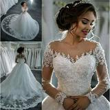 Elegant A-Line Tulle Appliques Beaded Wedding Dress with Court Train
