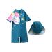 UKAP Toddler Kids Baby Girls Swimsuit One-Piece Swimwear with Cap Cartoon Print Long Sleeve Bathing Suit Cute Swimming Suit Swimming Costumes Summer Beachwear