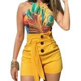 Women's Sexy High Waist Casual Summer Belted Beach Shorts Hot Pants Button Slim Fit Solid Plus Size Mini Shorts Trousers