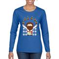 Keep Calm It's My Birthday Jesus Cupcakes Ugly Christmas Sweater Womens Graphic Long Sleeve T-Shirt, Royal, Medium