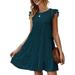 New Womenâ€™s Summer Dress Sleeveless Ruffle Sleeve Crewneck Mini Dress Solid Color Loose Fit Short Flowy Pleated Dress