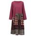 Vintage Women Cotton Dress Ethnic Print Splicing O-Neck Long Sleeve Casual Loose Midi Dress Purple/Black