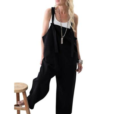 junnire Women Casual Striped Print Sleeveless Bow Wide Leg Loose Jumpsuit Overalls
