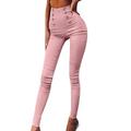 Womens Plain High Waist Buttons Pants Jeggings Slim Fit Casual Skinny Pants Trousers Bottoms