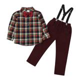 4 Pcs Children Boys Sets Long Sleeve Shirt Plaid Long Pants Suspender Bow Tie AUTUMN Baby Infant Boy Clothing Set